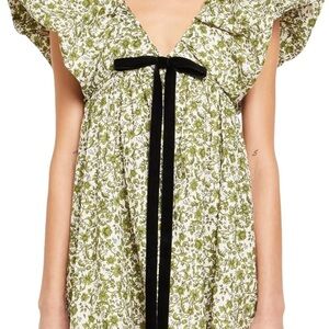 Floral Green and White Dress with Black Bow